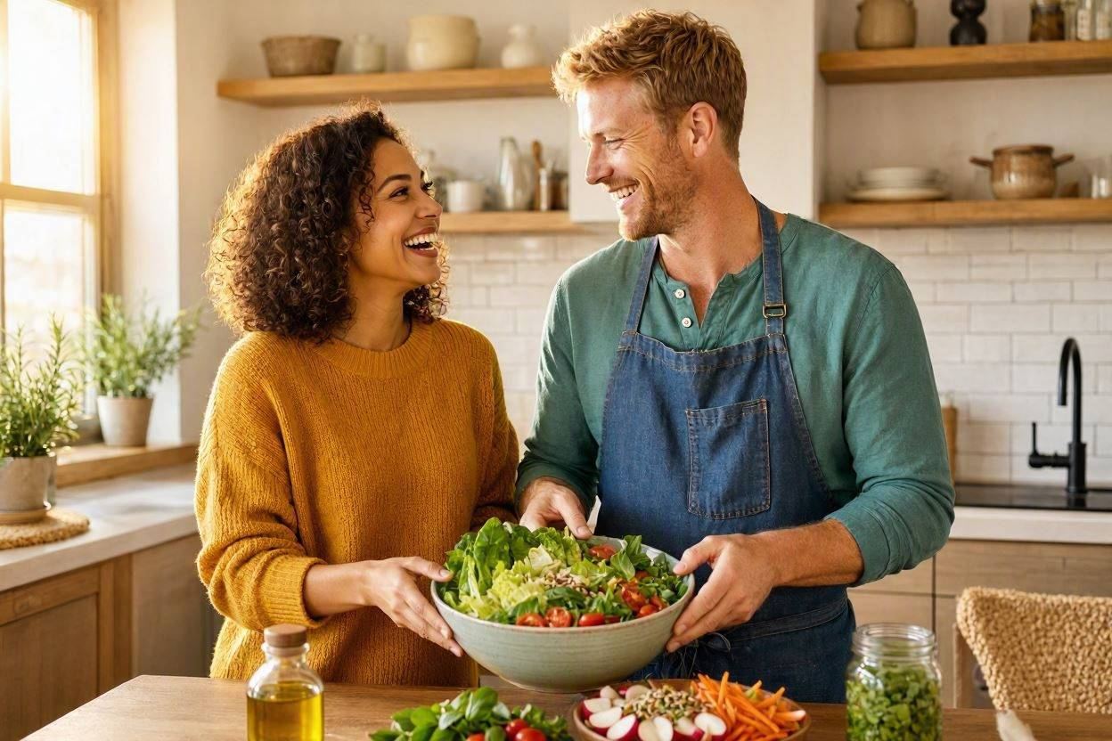 Illustrative stock photograph of two adults preparing a vegetarian meal together